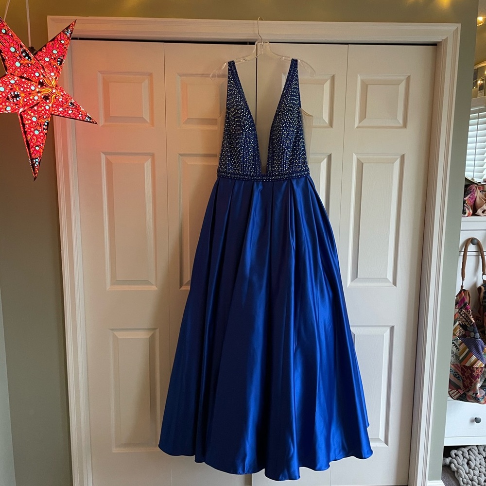 Vienna Prom royal blue prom dress with rhinestones. Size 16 with built in slip.